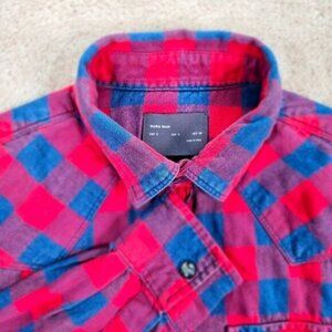 Zara Man Checked Shirt Red Blue Plaid Snap Buttons Pockets Long Sleeve Mens Sz S